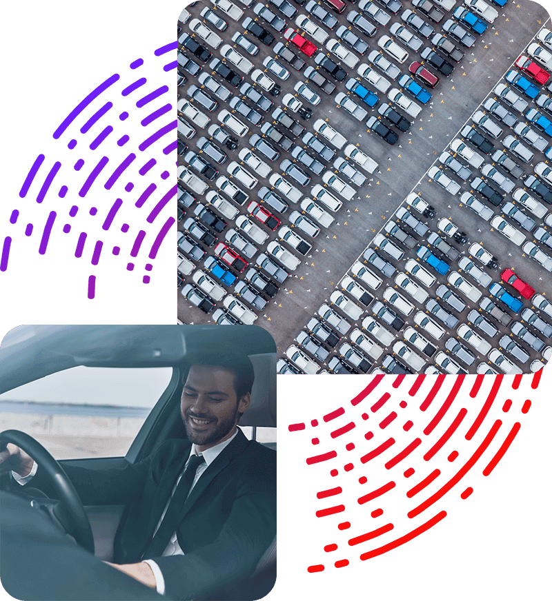 Collage of vehicles lined up in a parking lot and also a driver within a vehicle